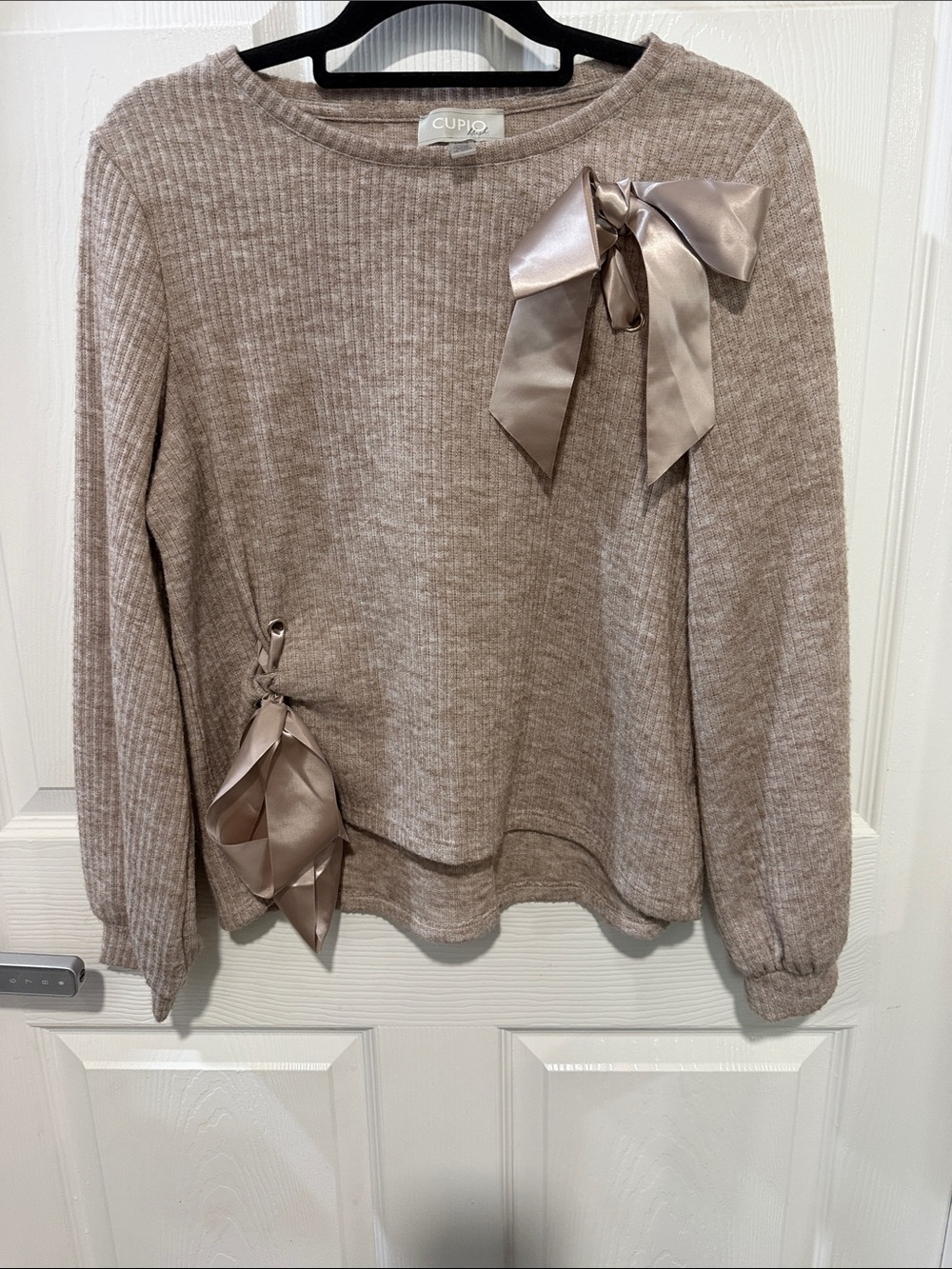Cupio Satin-Bow Taupe Ribbed Crewneck Sweater